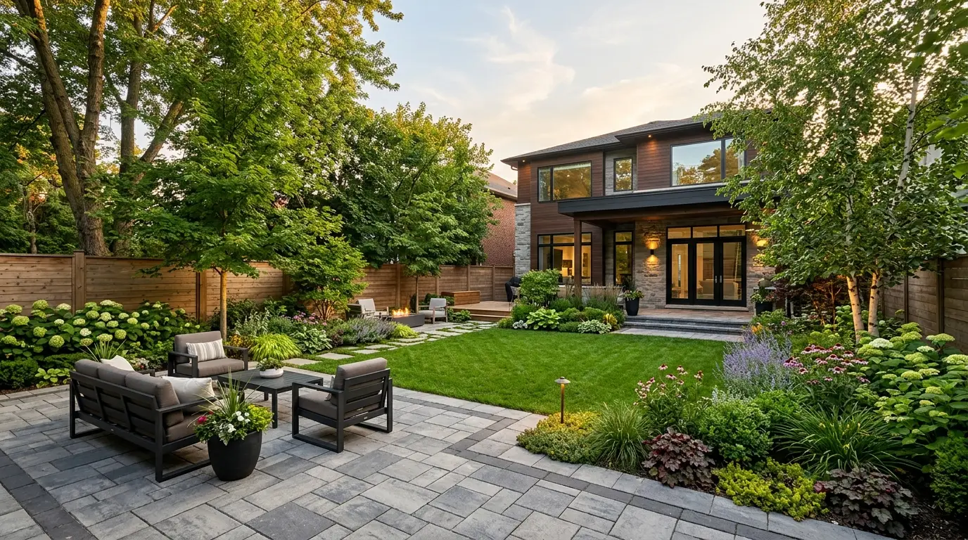 A beautifully landscaped backyard with a paver patio, garden beds, and a manicured lawn
