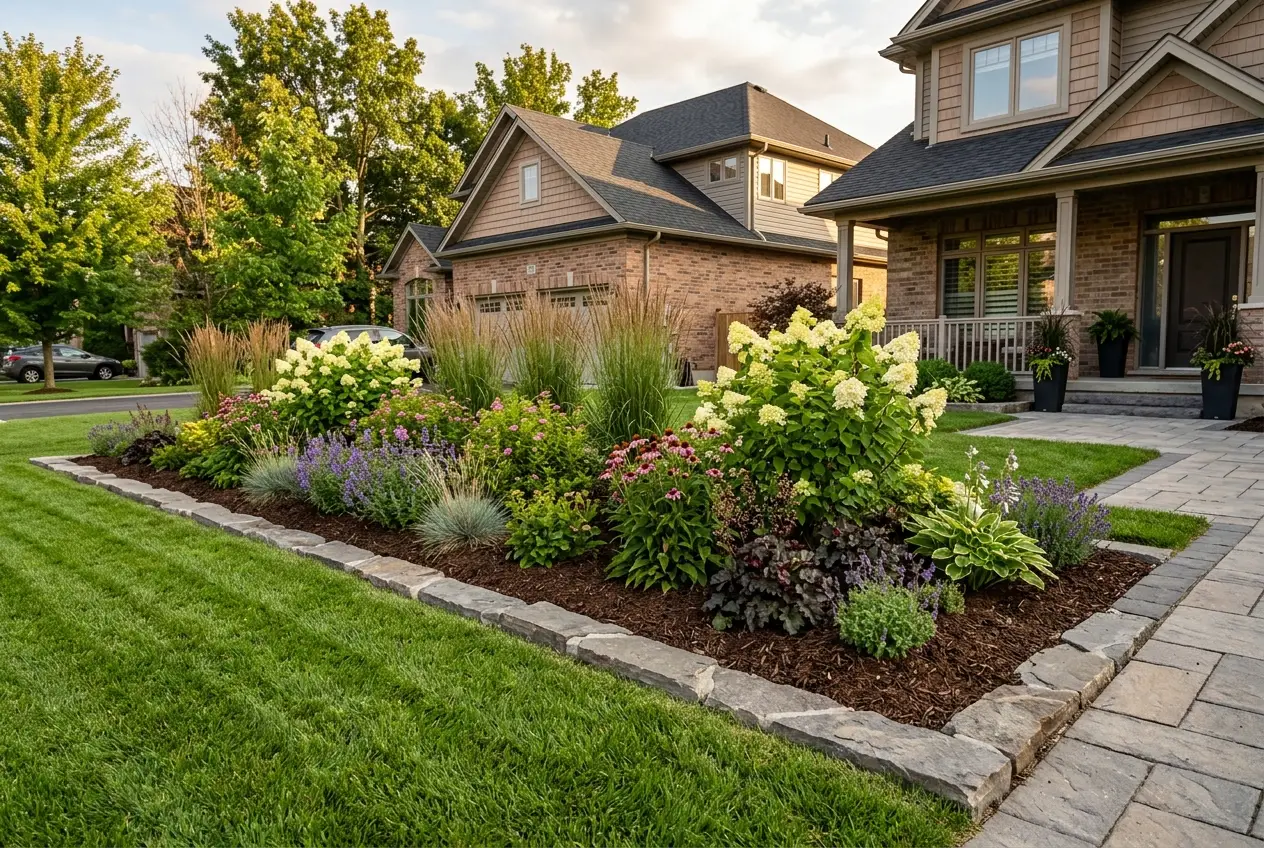 Landscape design with layered garden beds and fresh planting